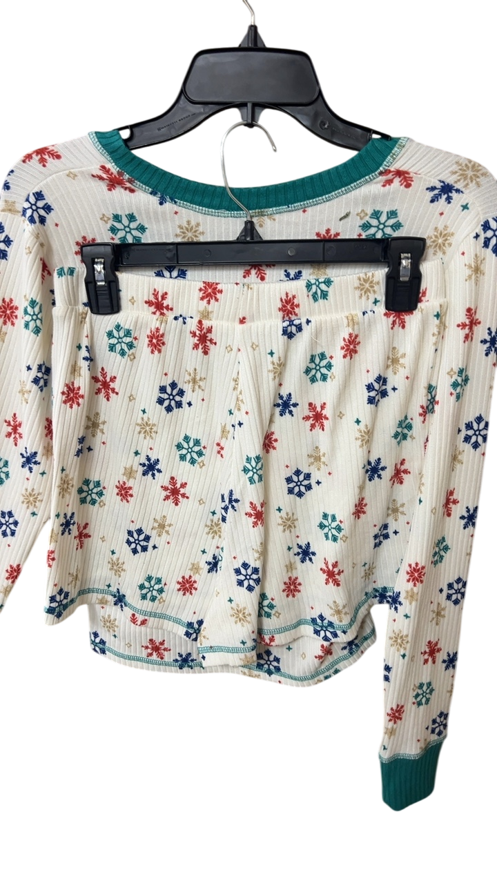 Christmas PJ Set Medium White with red, blue, teal, and gold snowflake patterns