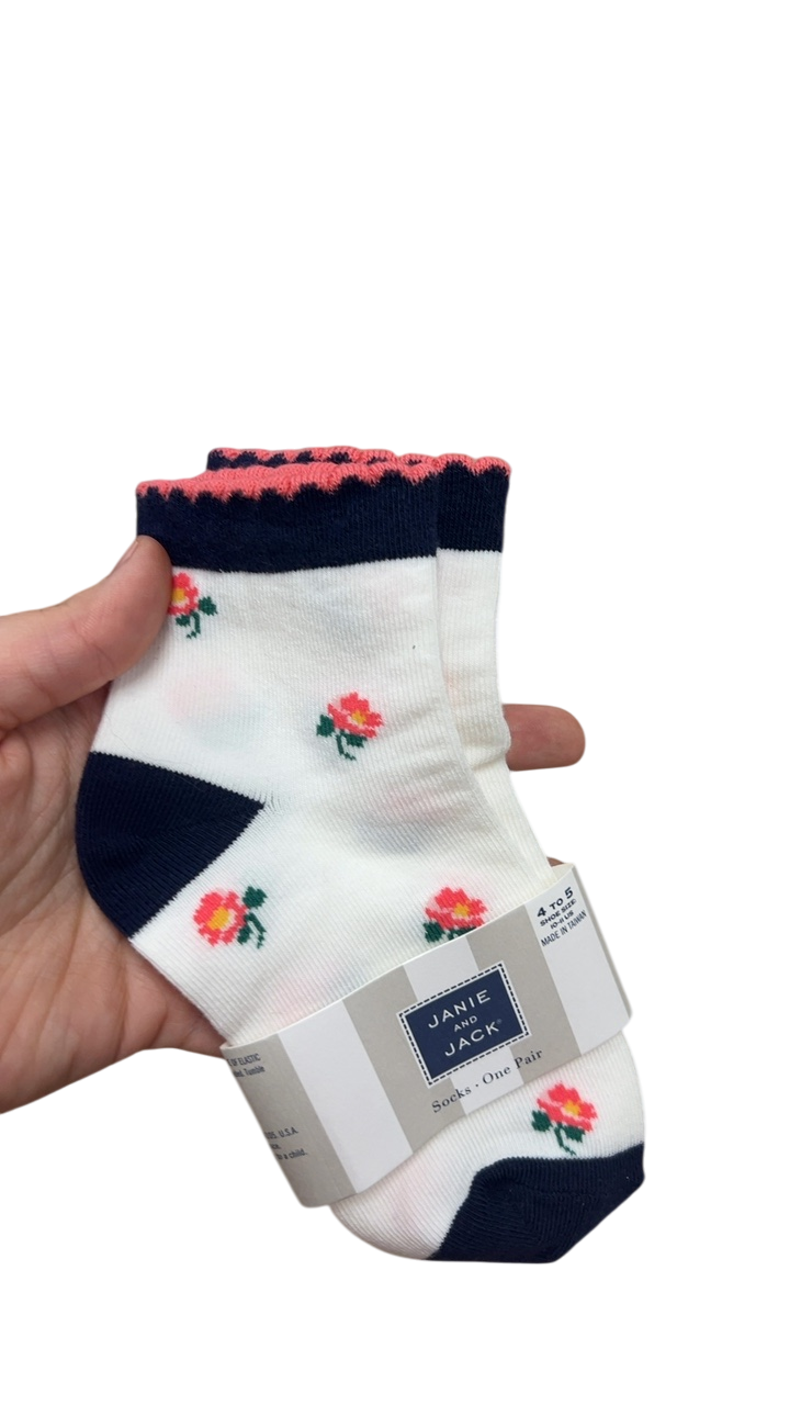 Janie and Jack Socks YOUTH White with navy and pink accents
