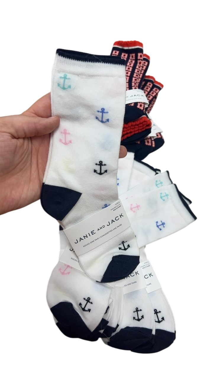 Janie and Jack Socks YOUTH 4-5 Multi-color with navy, pink, light blue, and black accents