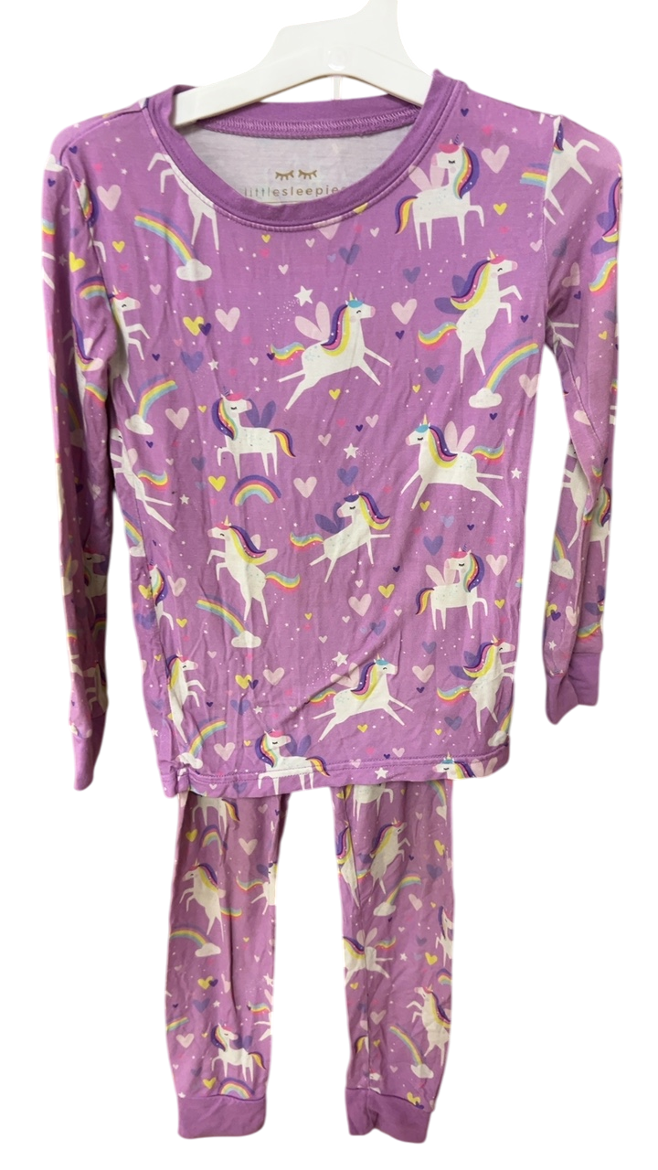littlesleepies PJ Set YOUTH 4 Purple with multicolored unicorns and rainbows