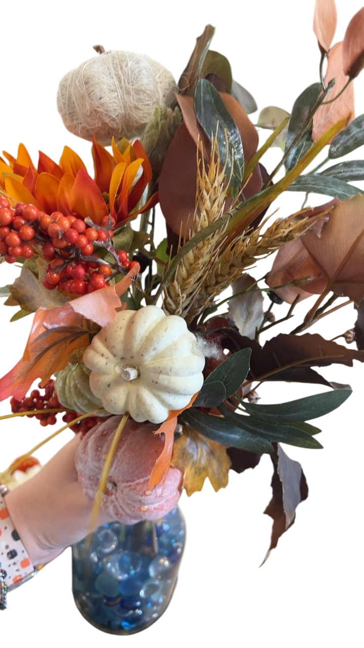 Decorative Arrangement Mixed autumnal shades (orange, brown, green, cream, pink)