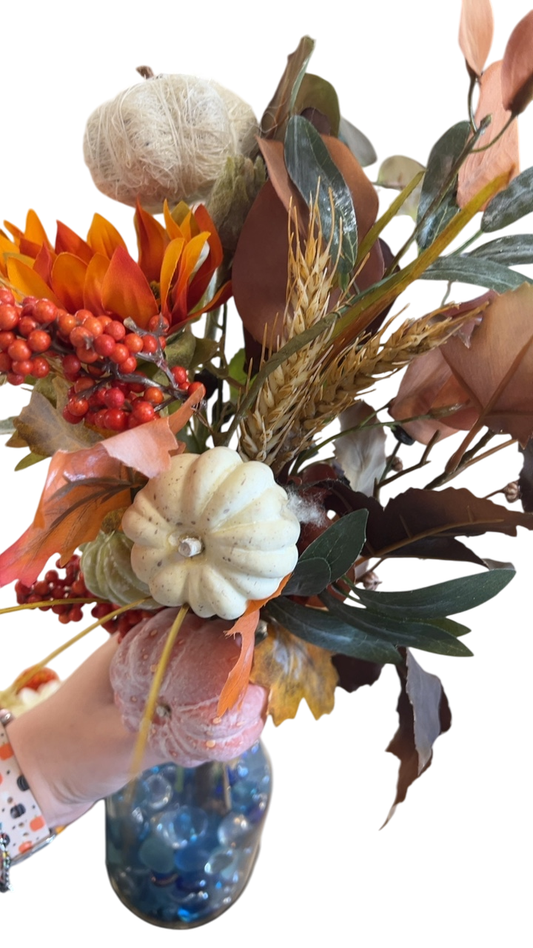 Decorative Arrangement Mixed autumnal shades (orange, brown, green, cream, pink)