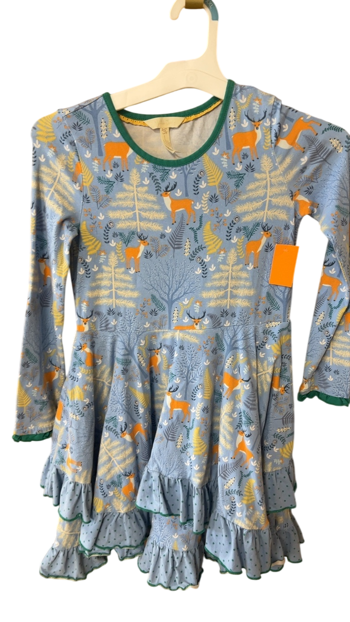 Matilda Jane Dress YOUTH 10 Light Blue with shades of Yellow, Orange, Green, and White in the pattern