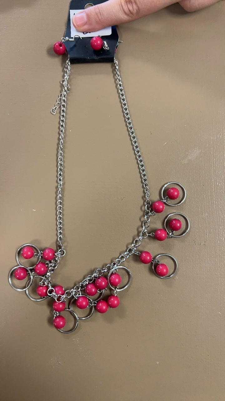 Necklace and Earring Set Silver and Pink