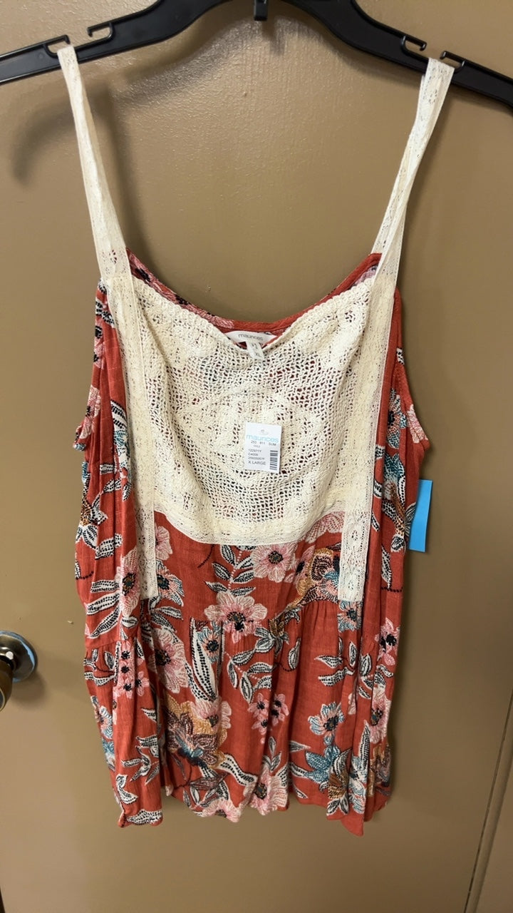 Maurices Tank top XL Coral with floral pattern and cream lace