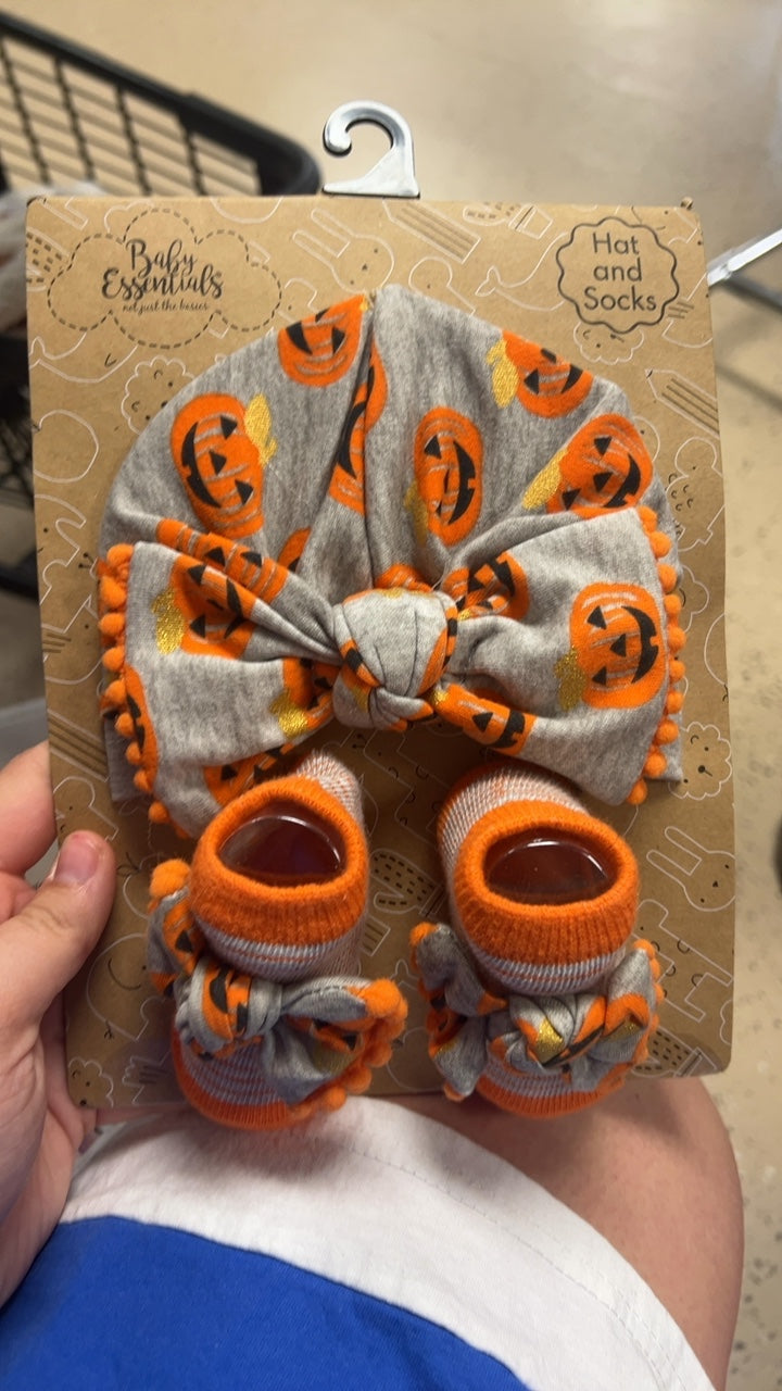 Baby Hat and Socks Gray, orange, black, yellow, and white