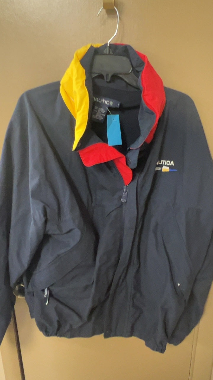 Nautica Jacket Large Black with yellow, red, and gray accents