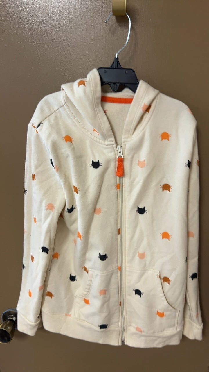 Hoodie YOUTH 10/12 Cream with orange, black, and peach cat print