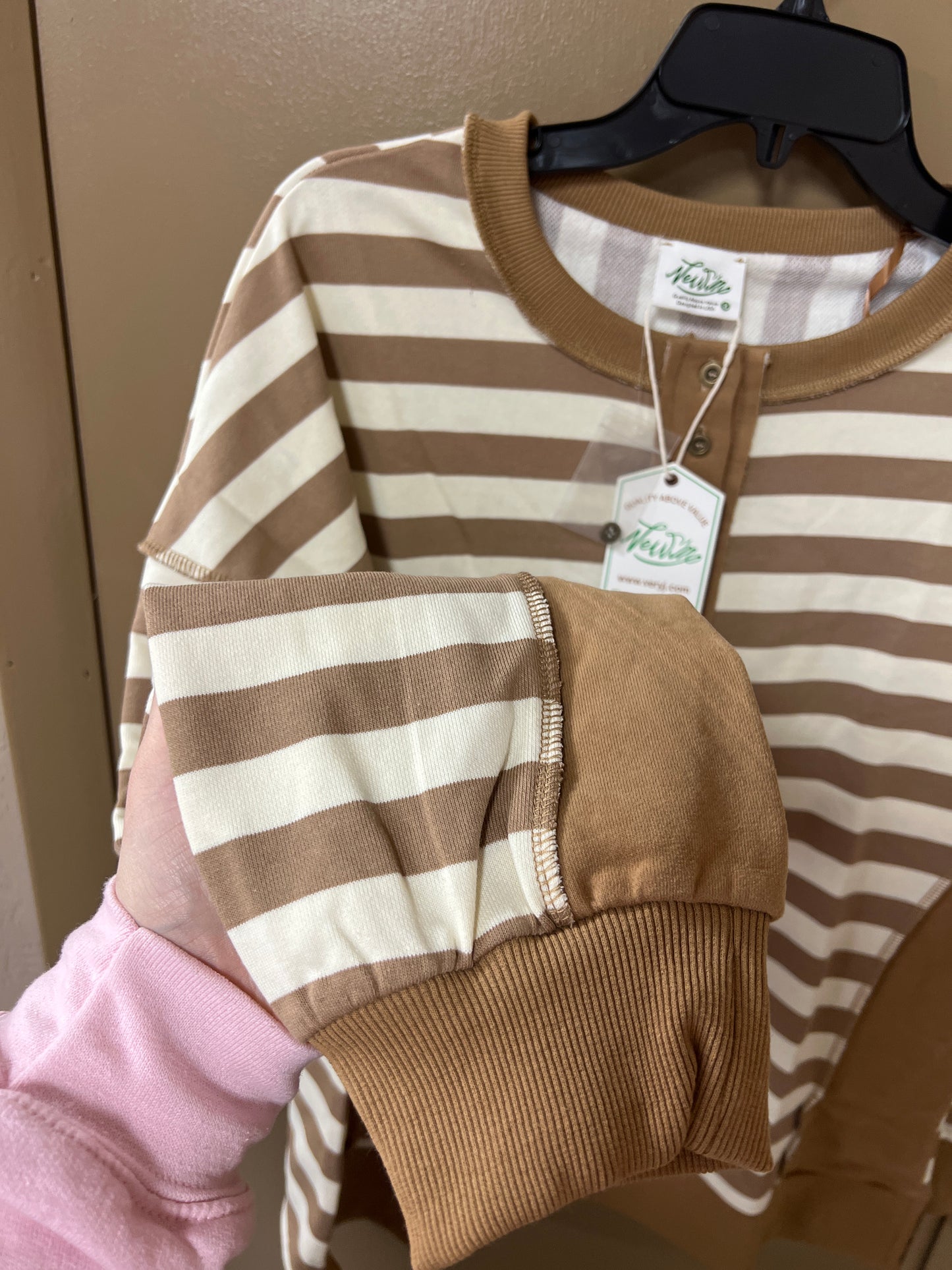 Harley Oversized Taupe and Cream Button Down Top