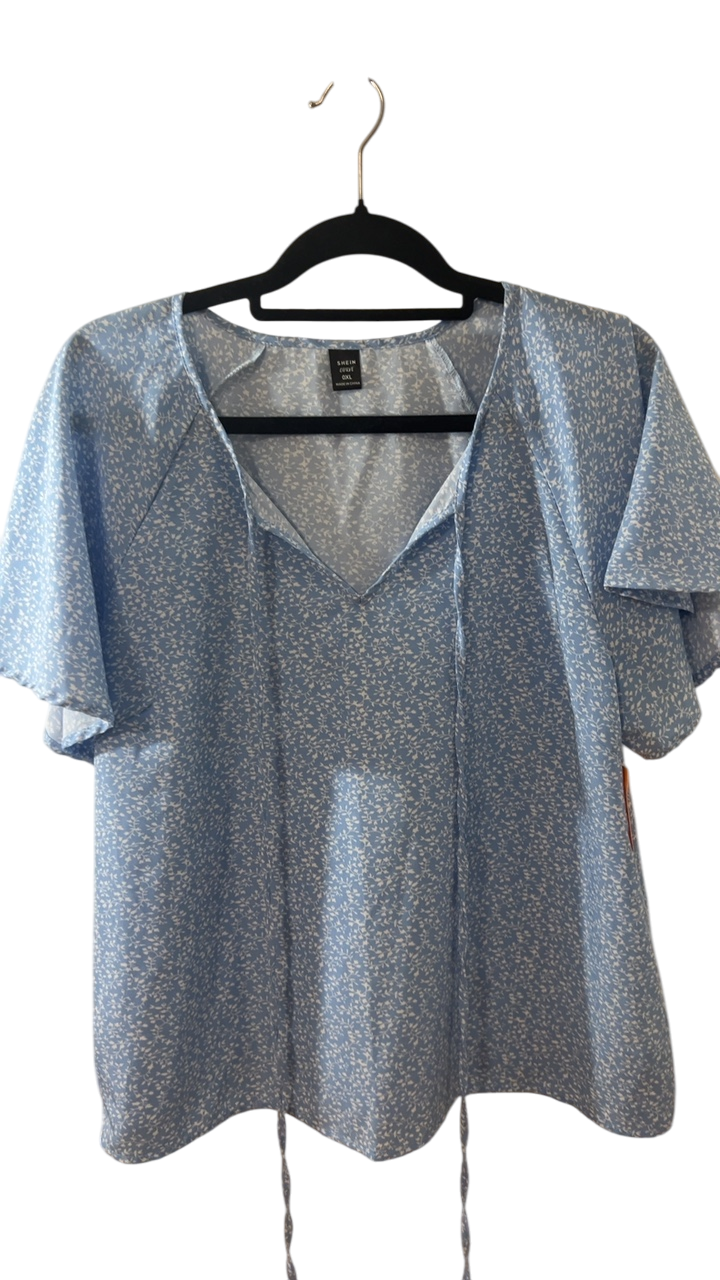 Shein Blouse 0XL Light Blue with White Pattern