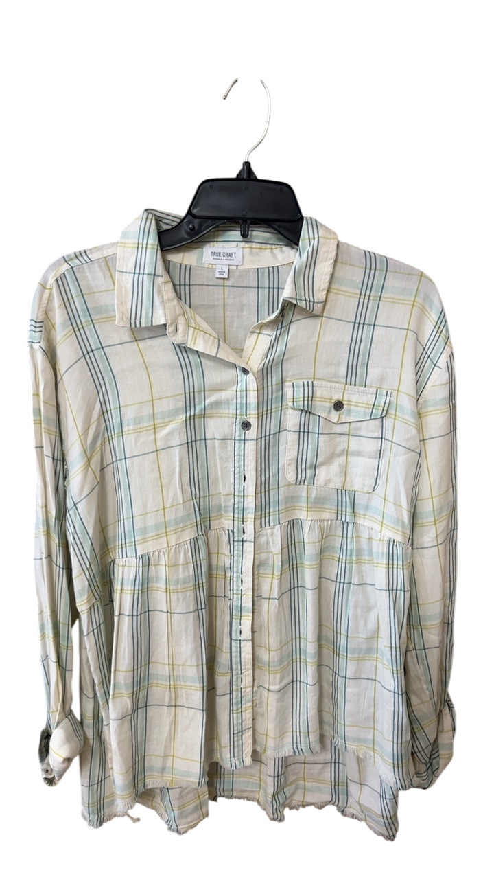 TRUE CRAFT Shirt Large Cream with pastel plaid pattern