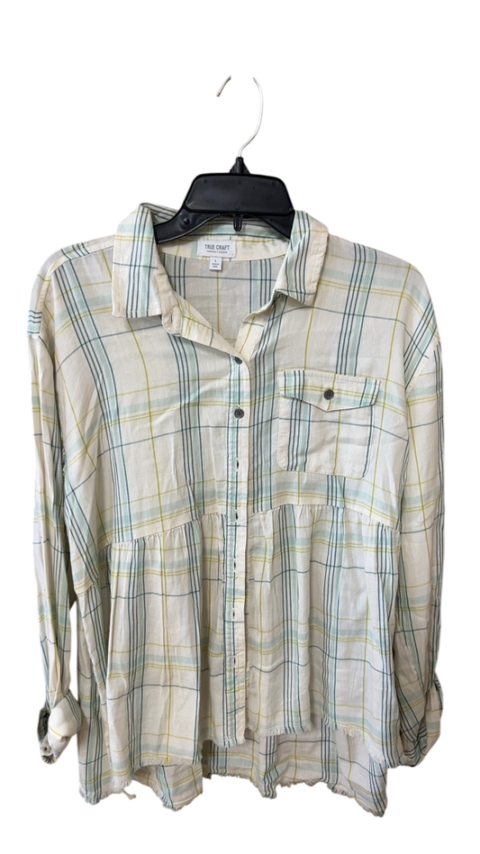 TRUE CRAFT Shirt Large Cream with pastel plaid pattern