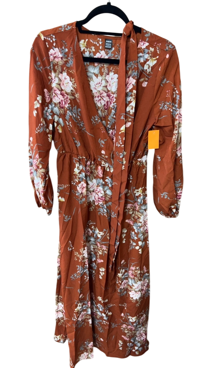 SHEIN Dress Large Rusty Brown with Pink and Gray Floral Print