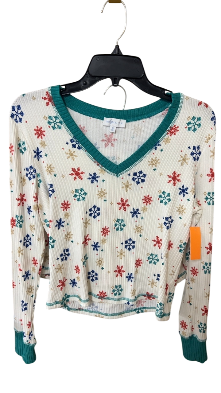 Christmas PJ Set Medium White with red, blue, teal, and gold snowflake patterns