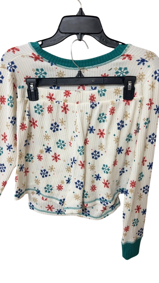Christmas PJ Set Medium White with red, blue, teal, and gold snowflake patterns