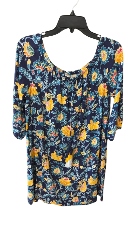 Tunic Sweater Small Navy blue with yellow, pink, and green floral print
