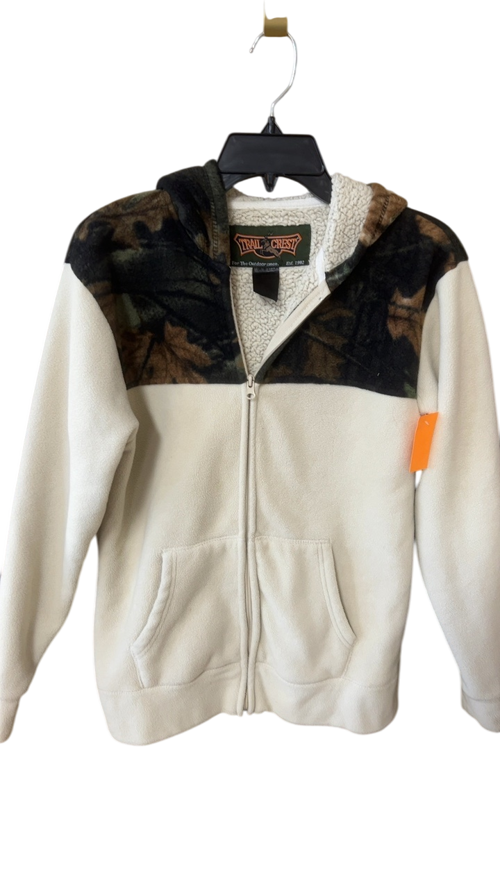 Trail Crazy Hoodie MENS MEDIUM Beige with black and brown camouflage pattern on the hood and shoulders