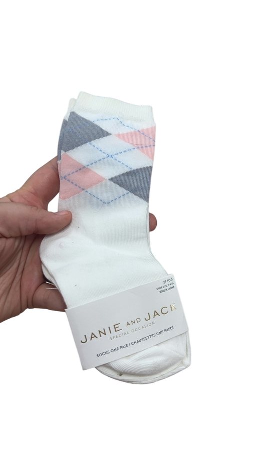 Janie and Jack Socks YOUTH 2t-3t White with pink, gray, and blue argyle pattern