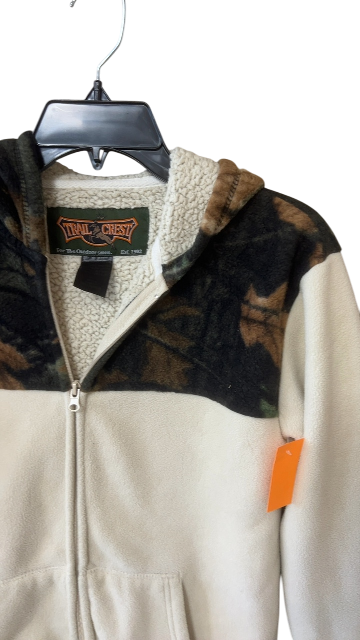 Trail Crazy Hoodie MENS MEDIUM Beige with black and brown camouflage pattern on the hood and shoulders