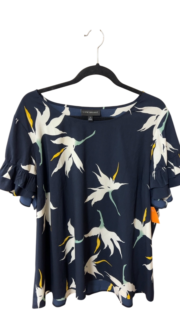 LANE BRYANT Blouse XXL Navy Blue with White, Yellow and Green accents