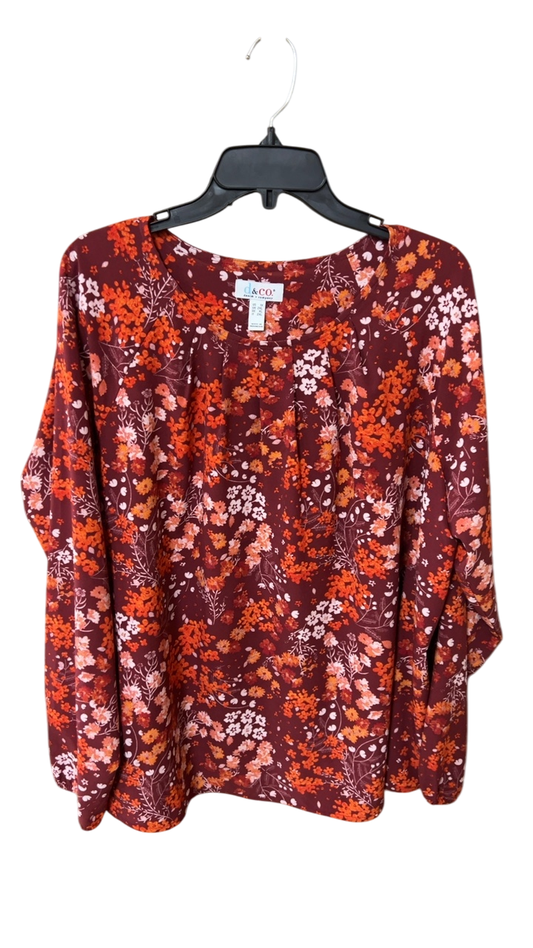 d&co Blouse 1X Burgundy with orange, pink, and white floral print