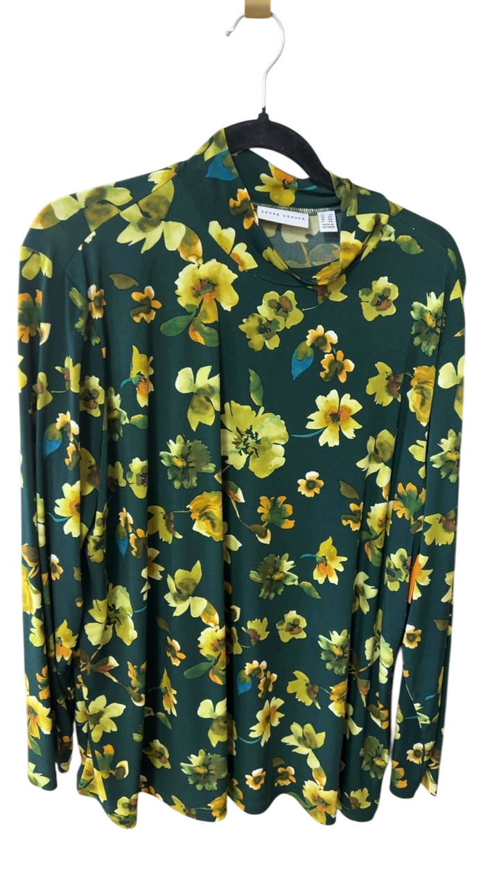 Susan Graver Top 2X Green with yellow floral pattern