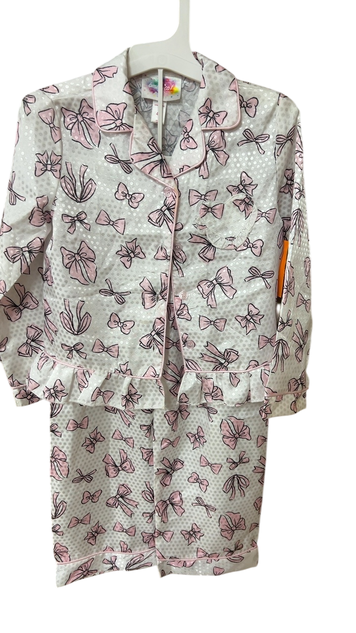 Bambi Cal Pajama Set YOUTH 4 White with pink and black bow prints