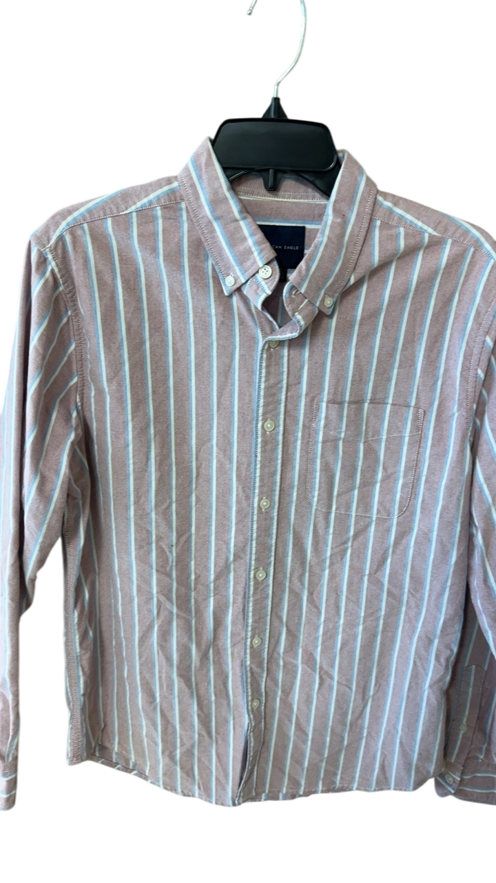 American Eagle Shirt MENS MEDIUM Beige with light blue and white stripes