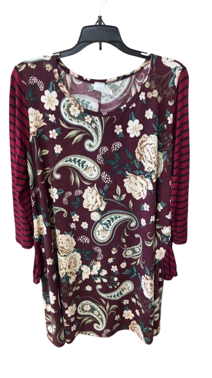 Dress 1X Burgundy with floral pattern and striped sleeves