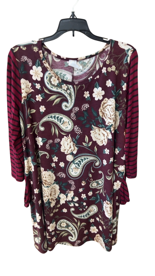 Dress 1X Burgundy with floral pattern and striped sleeves