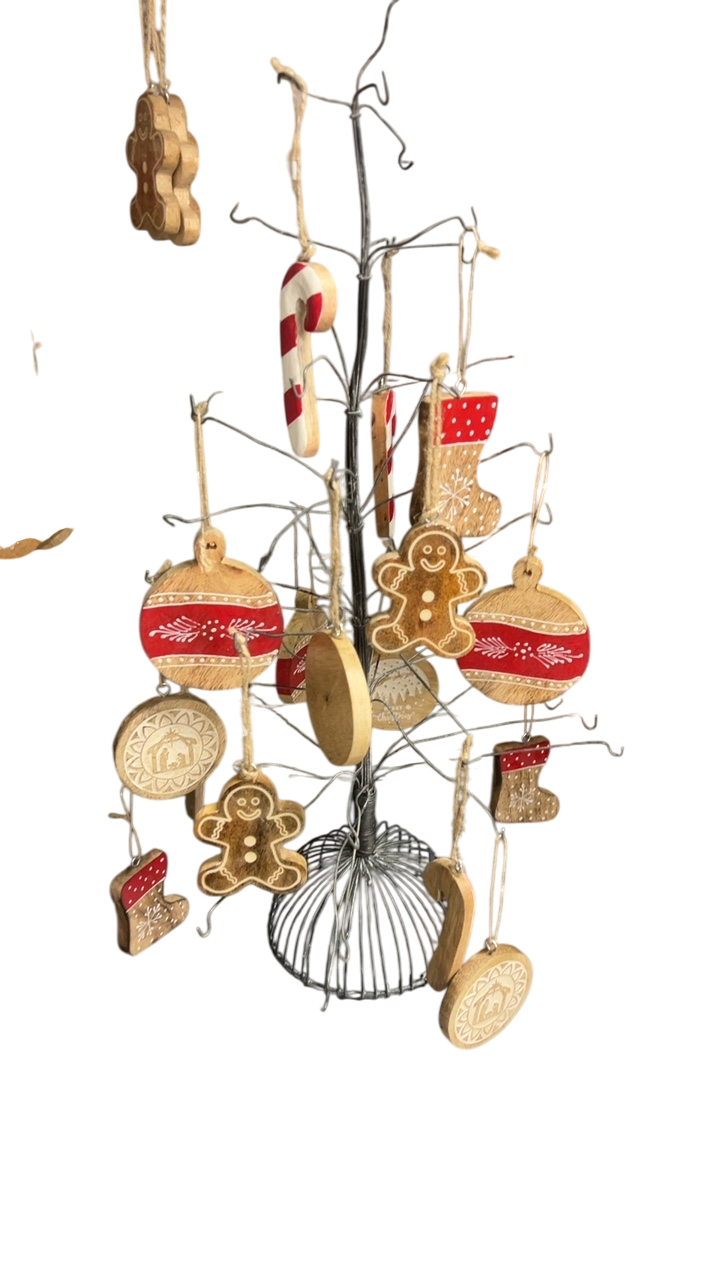Christmas Ornaments Red, White, Natural Wood