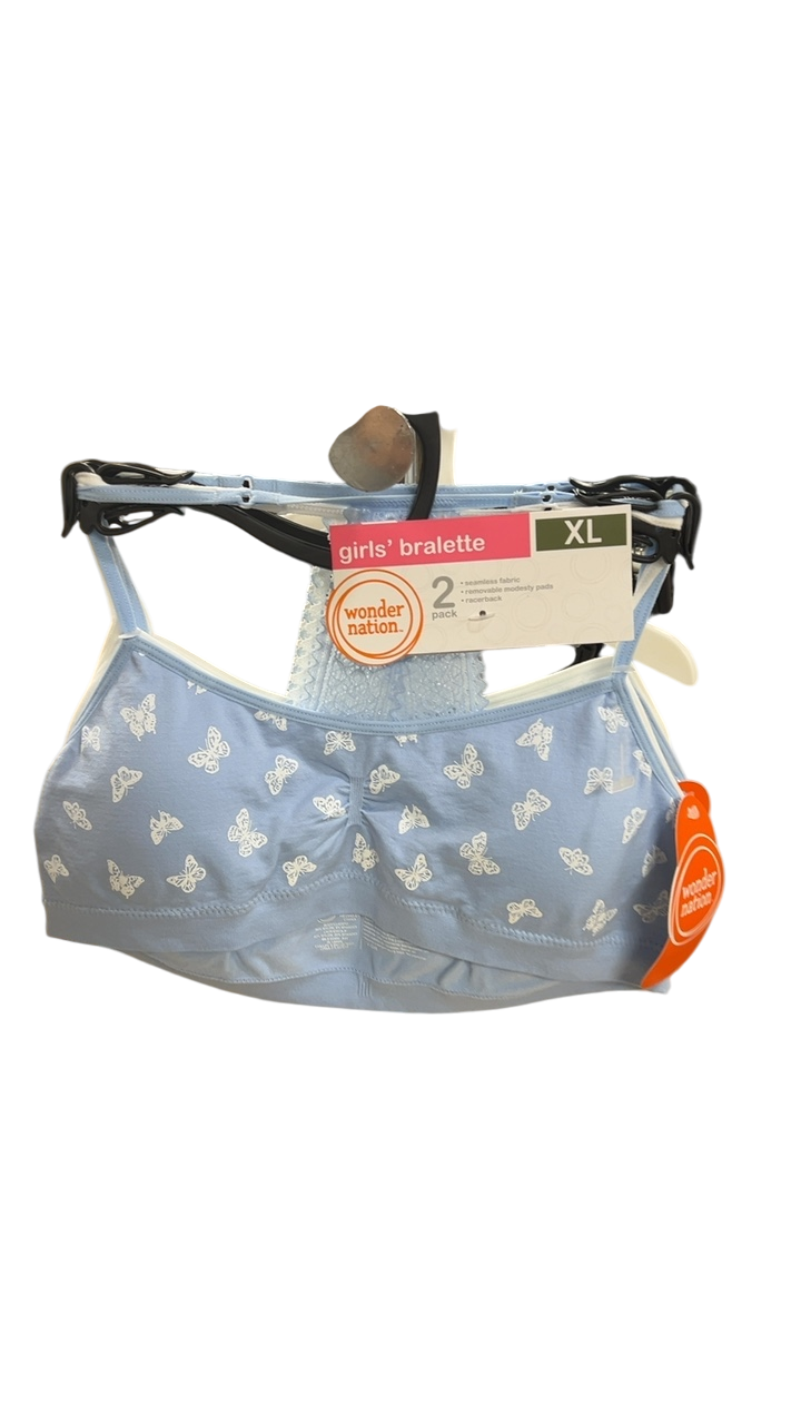 Wonder Nation Bra YOUTH XL Light blue with white butterfly pattern