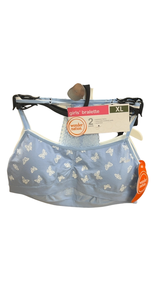 Wonder Nation Bra YOUTH XL Light blue with white butterfly pattern