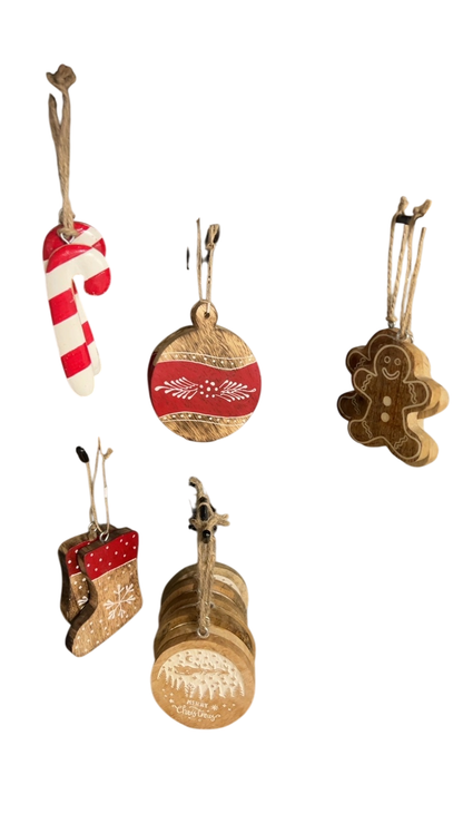 Christmas Ornaments Red, White, Natural Wood