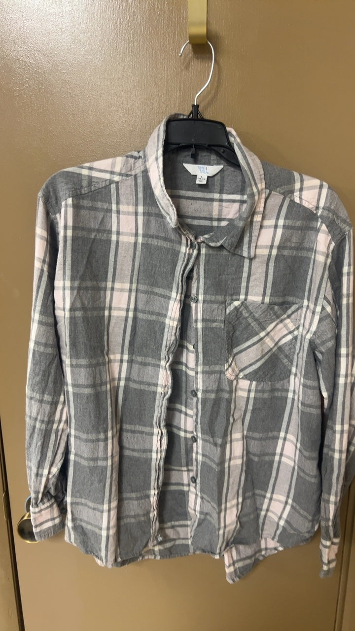 Time & True Shirt Large Gray and white plaid