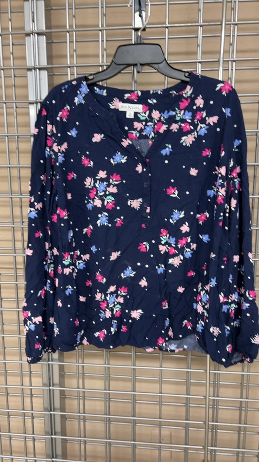 Kim Rogers Shirt XL Navy blue with pink, blue, and white floral print