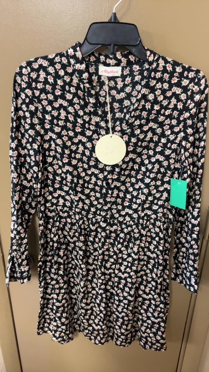 Allythea Dress Small Black with pink and white floral pattern