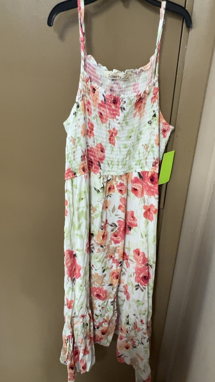 Liberty Dress Large White with pink, red, and green floral patterns