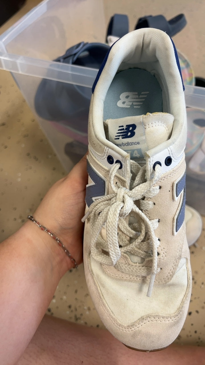 New Balance Sneakers 7.5 Cream/Off-white with navy blue accents