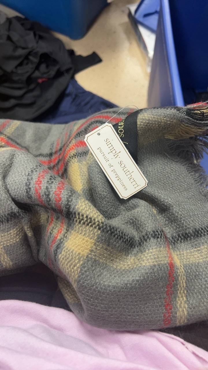 Simply Southern Shawl Gray with Red and Yellow Plaid Pattern