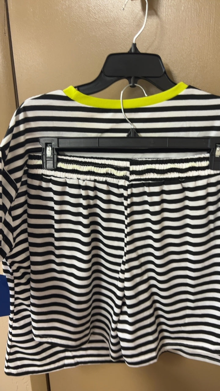 2 piece set 1XL Black and white striped with neon yellow neckline