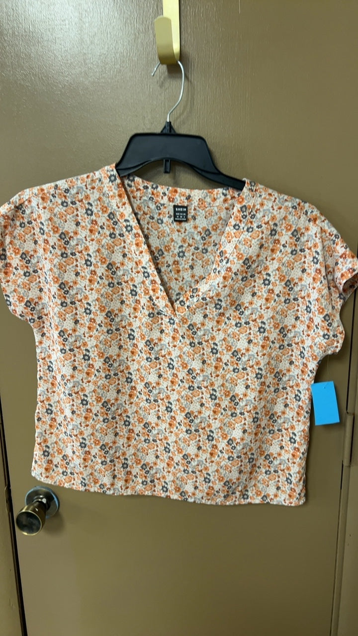 SHEIN Blouse Medium Cream with orange, black, and blue floral pattern