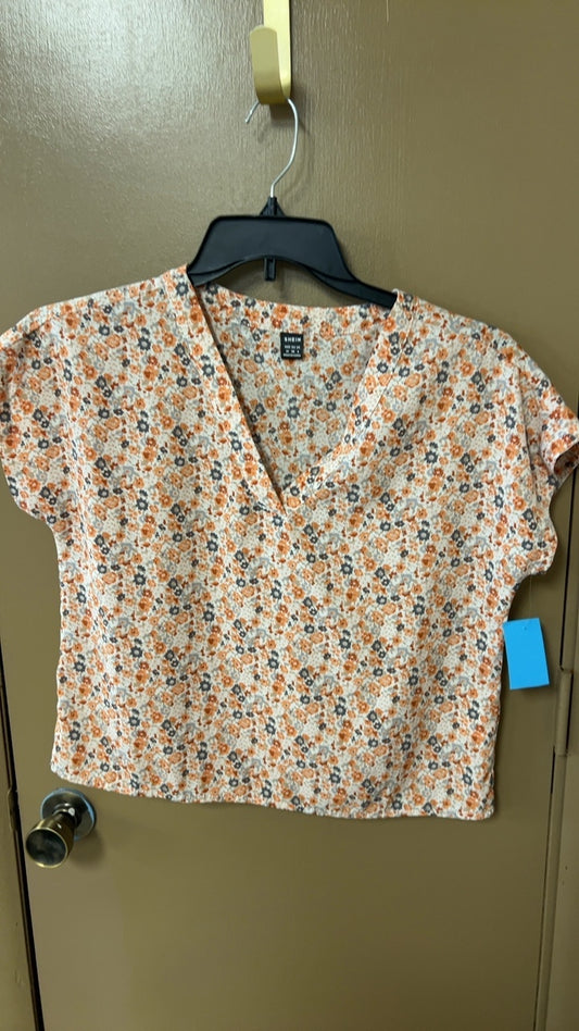SHEIN Blouse Medium Cream with orange, black, and blue floral pattern