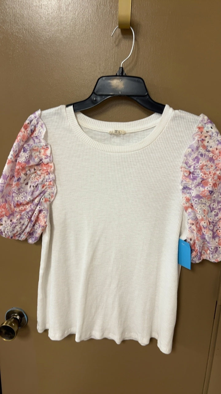 T-Shirt Small Cream with multicolor purple and pink sleeves