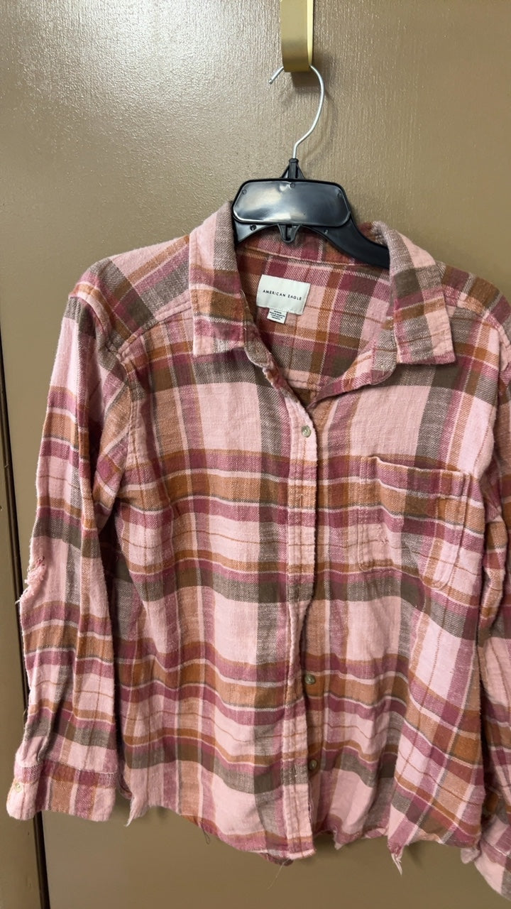 American Eagle Shirt Medium Pink and brown plaid
