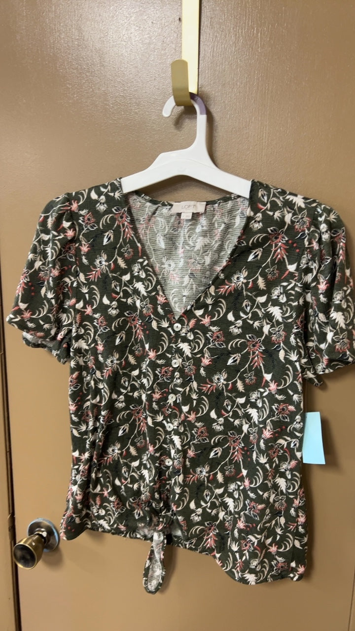 LOFT Blouse Small Black with floral pattern in white and pink