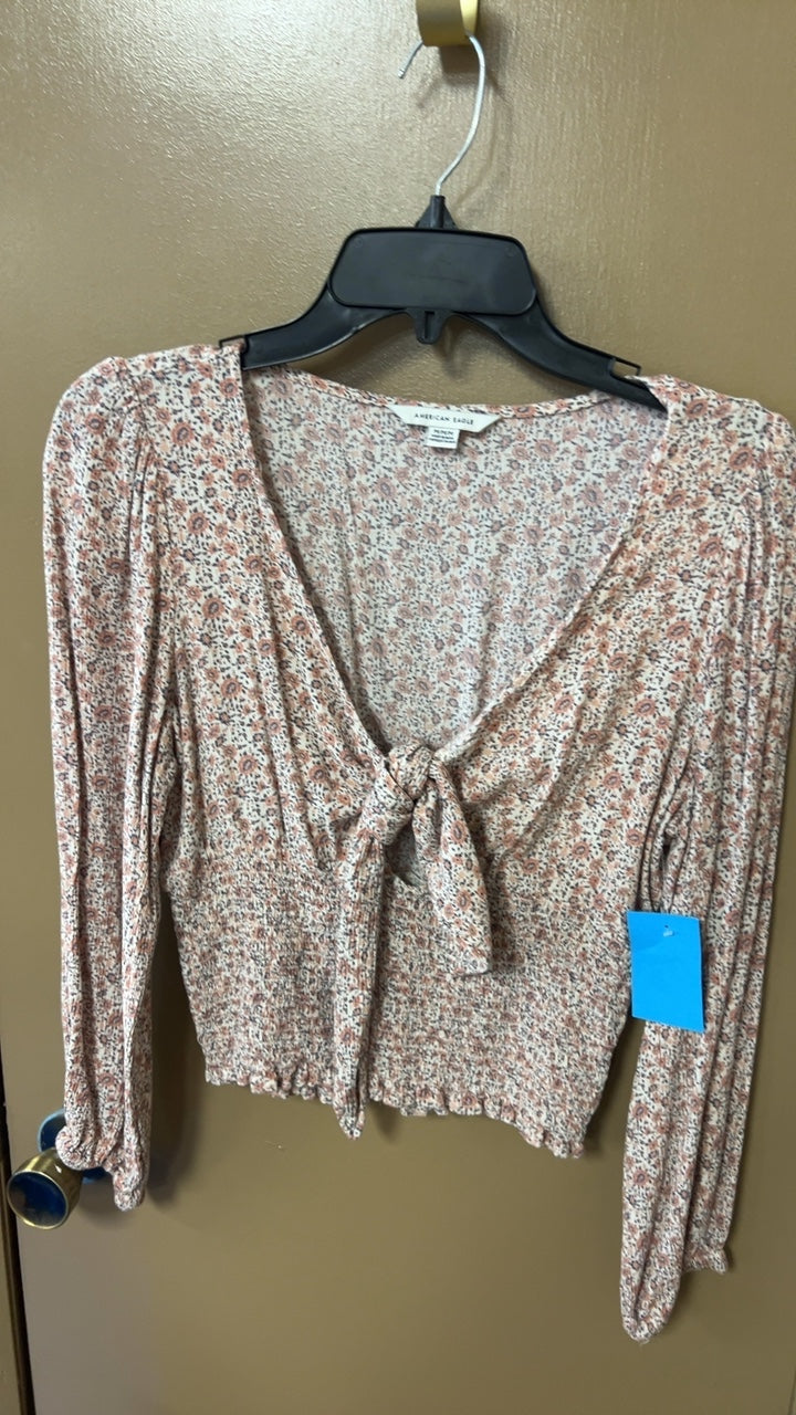 American Eagle Top Medium Beige with orange and brown floral print