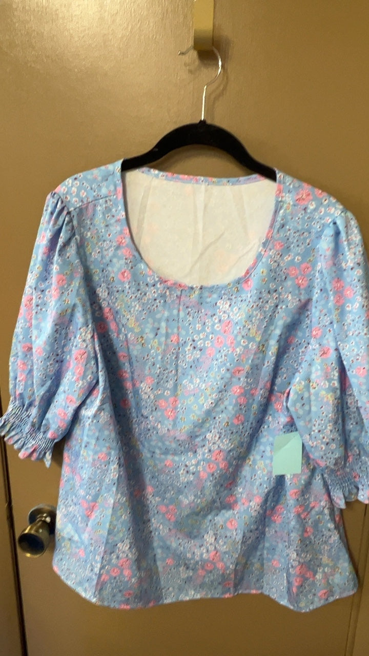 Blouse 1XL Light blue with pink floral pattern
