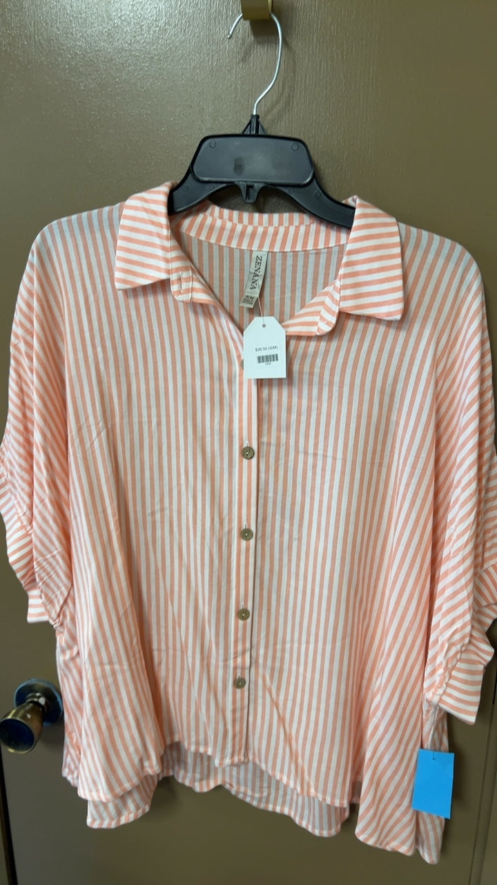 Zenana Shirt Small/Medium Peach and white striped