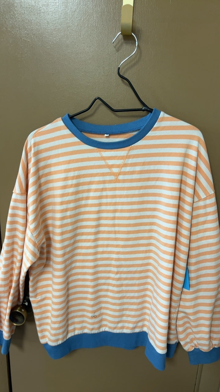 Large Peach and white stripes with blue accents